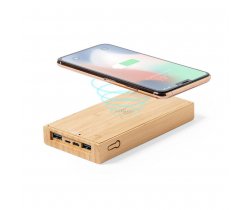 Bambusowy power bank 10000 mAh, bezprzewodowa ładowarka 5W, ładowarka słoneczna V8335