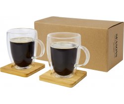Manti 2 sztuki, kubek szklany z podwójną ścianką o pojemności 350 ml z bambusową podkładką 113316